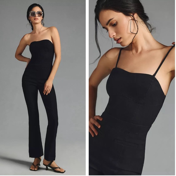 ANTHROPOLOGIE Maeve Strapless Slim Flare Jumpsuit NEW Size 10 Black Magic Fabric - Picture 1 of 14